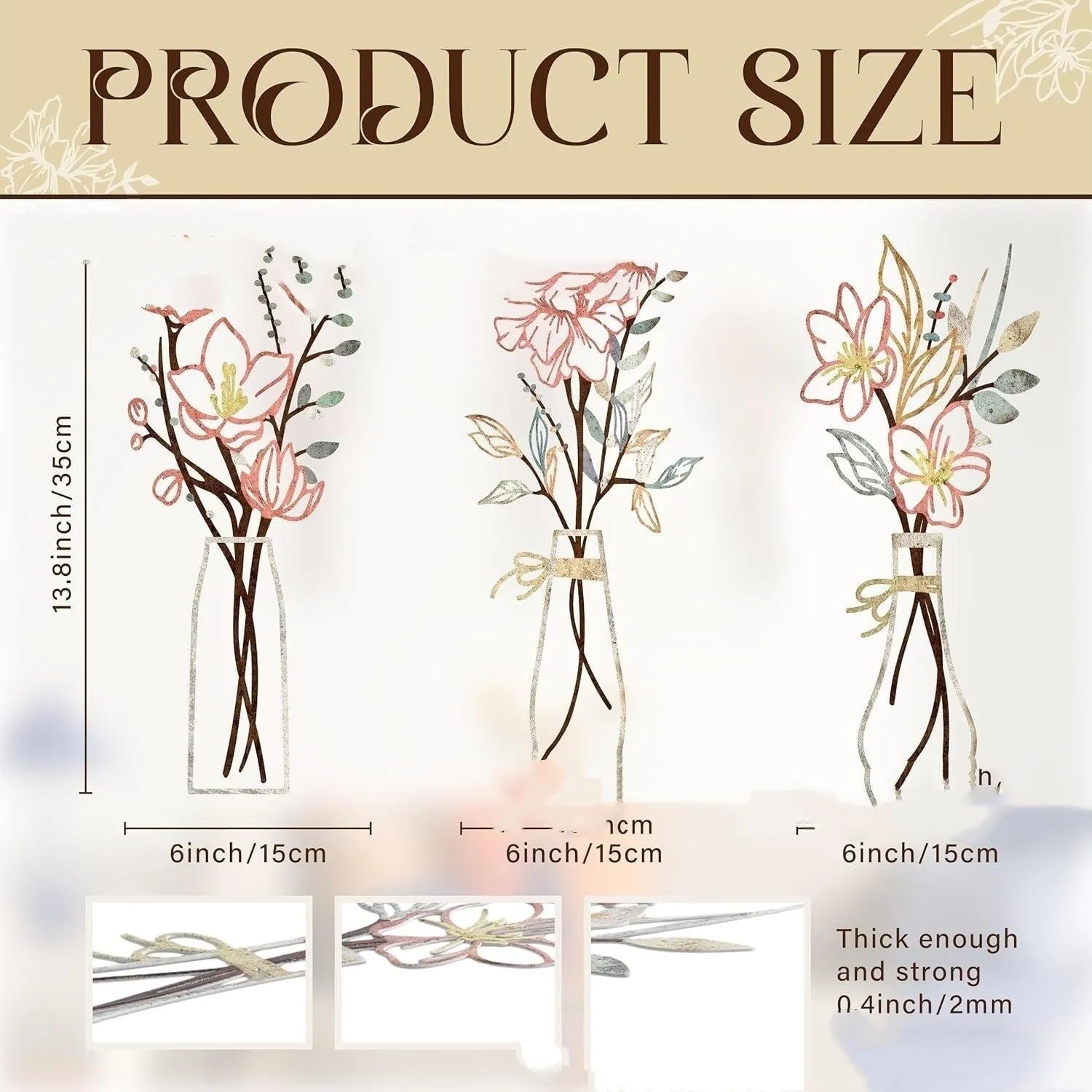 Three metal floral wall art plaques with vase designs in modern farmhouse style