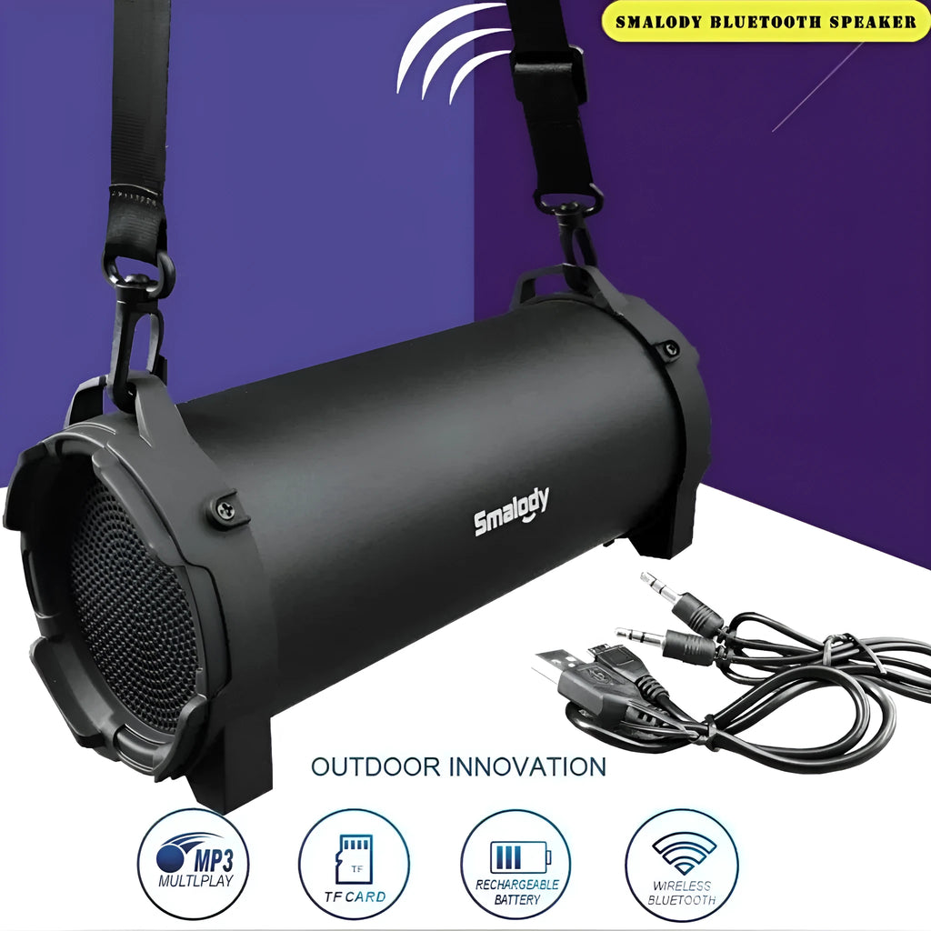 Black portable wireless Bluetooth speaker with suspenders for outdoor use