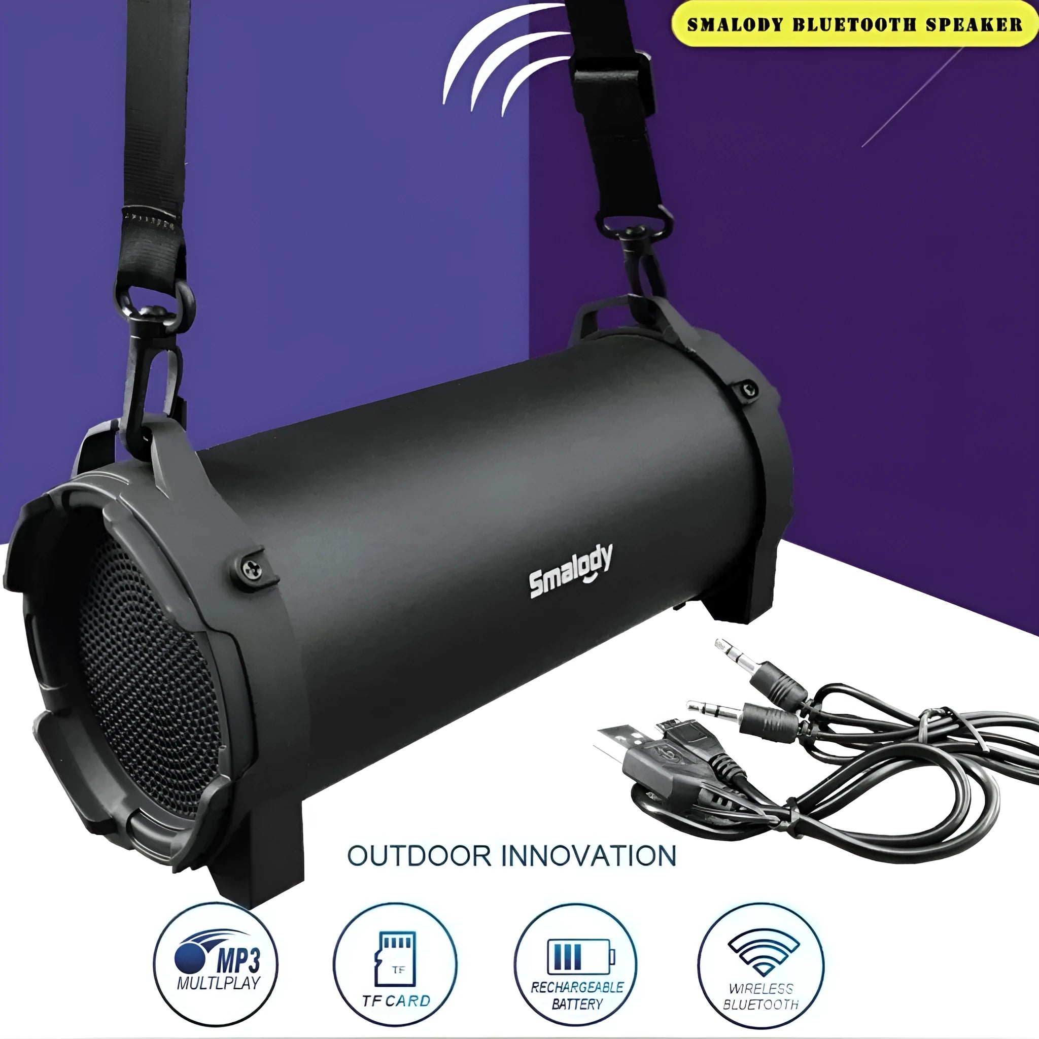 Black portable wireless Bluetooth speaker with suspenders for outdoor use