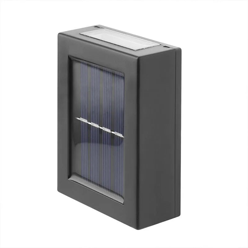 Solar garden wall light with plastic housing measuring 30x75x100mm providing decorative outdoor illumination