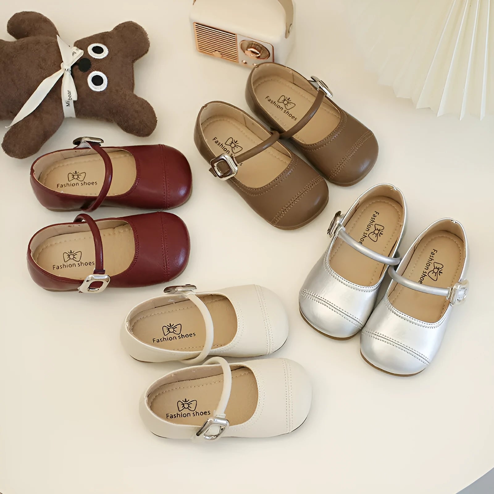 Girls vintage Mary Jane shoes in solid colour PU upper, beige, with rounded toe and strap