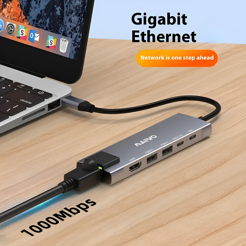 Steam Deck six-in-one aluminium docking station with Type-C cable, HDMI, USB, and Ethernet ports.