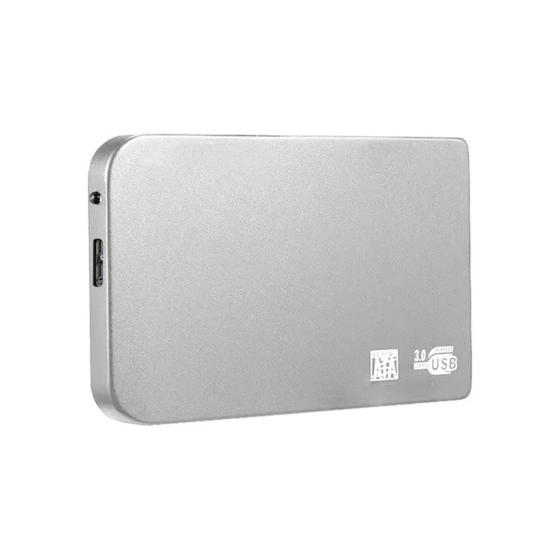 Metal-cased portable solid state hard drive with USB 3.0 cable in black, blue, red, or silver.