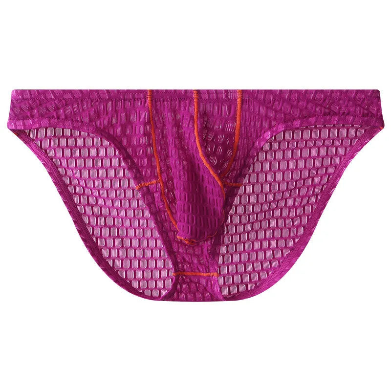Men's ice silk lace briefs with low waist design in white, black, green, rose red, and light purple colours