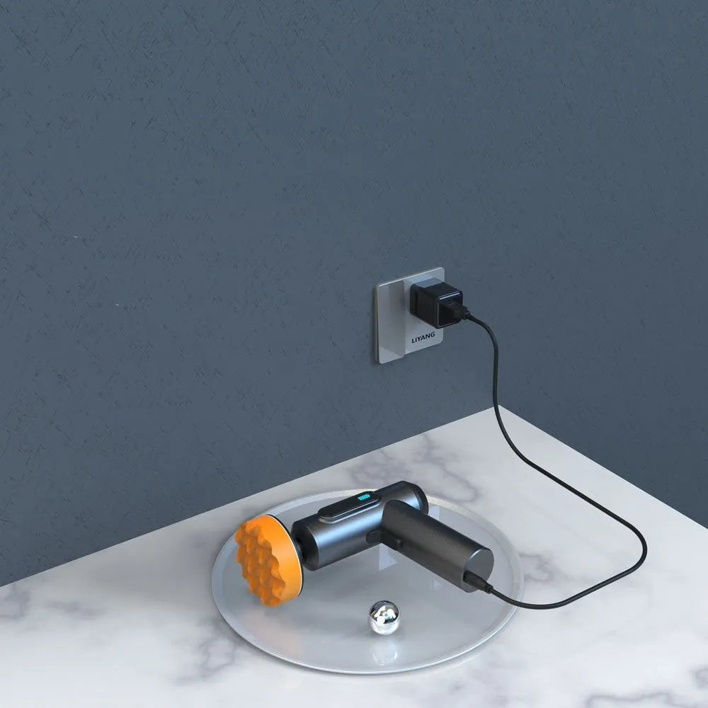 A small white wireless waxing and polishing machine with a black handle and a round grey polishing disc attached.