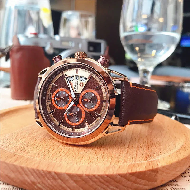 Men's black and brown waterproof luminous quartz watch with leather strap and alloy case.