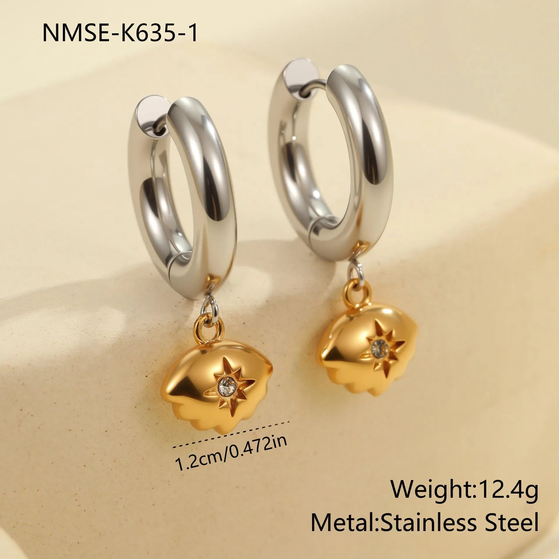 Stainless steel geometric earrings with 18K electroplated finish showing heart and star shapes