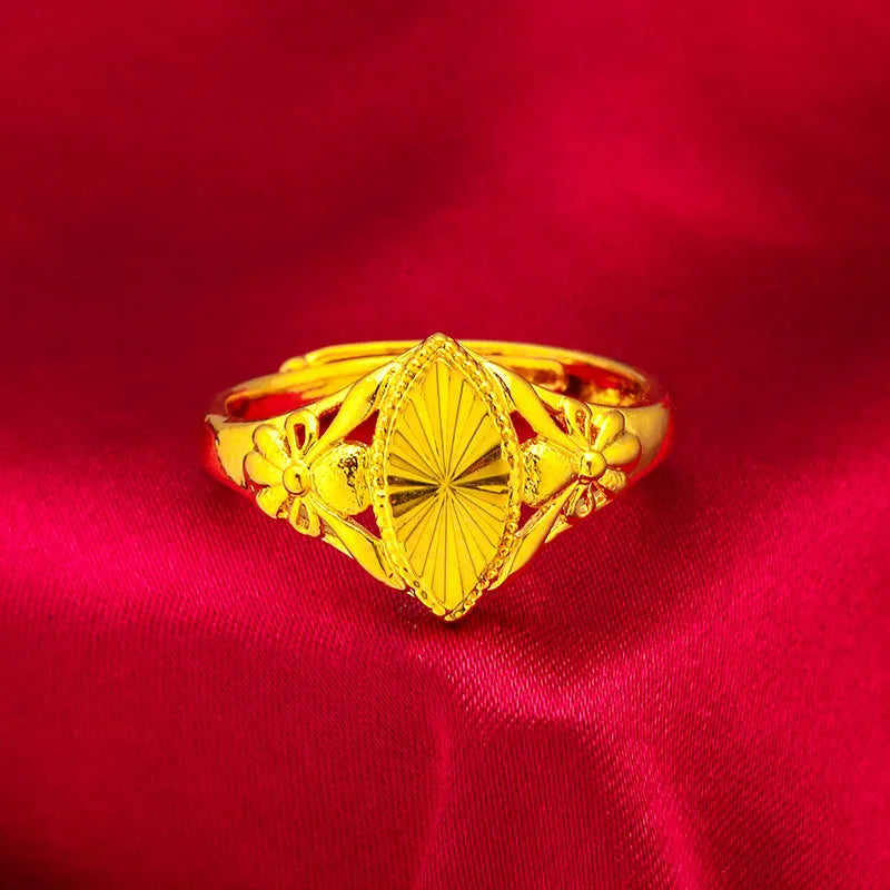 Women's electroplated brass ring with open diamond flower design and geometric texture in gold colour