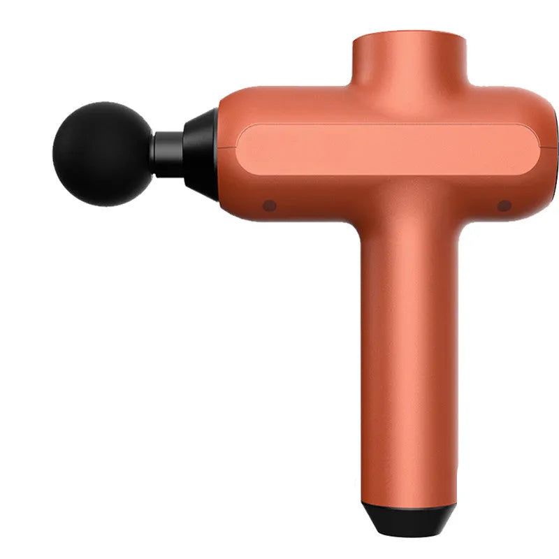 Black rechargeable muscle massager with six different coloured massage heads on a white background.
