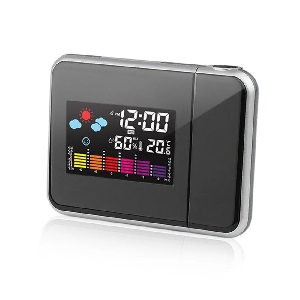 Black digital projection alarm clock with LED display showing time and temperature