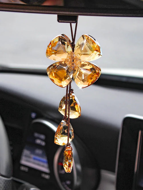 Crystal four leaf grass car pendant approximately 20cm in transparent, champagne, black or shiny finish