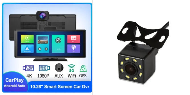 R33 black smart dash cam with 10.26-inch touch screen mounted on car windscreen, showing split view of road ahead and rear camera.