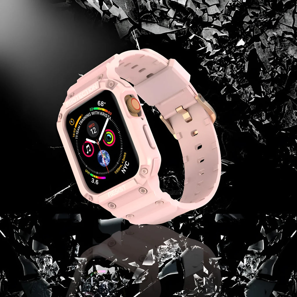 Soft TPU sport strap for Apple Watch Series 8 shown in multiple colours, with 38mm and 42mm size options.