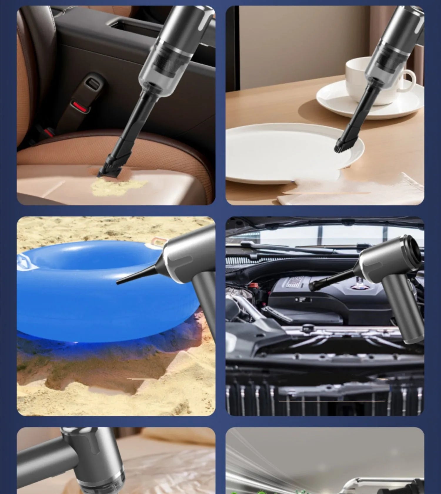 Cordless handheld car vacuum cleaner with attachments on brushed aluminium surface