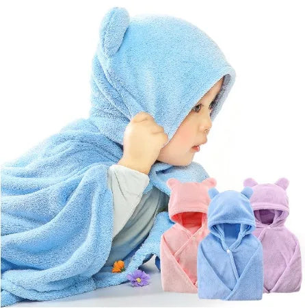 Soft cotton baby care hooded bath towel 65x110cm in pink with hood and border detail