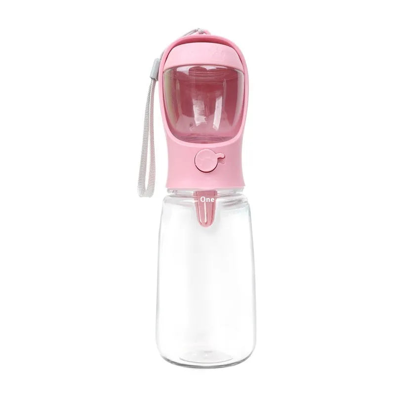Blue portable dog water bottle with dual drinking and grain compartments