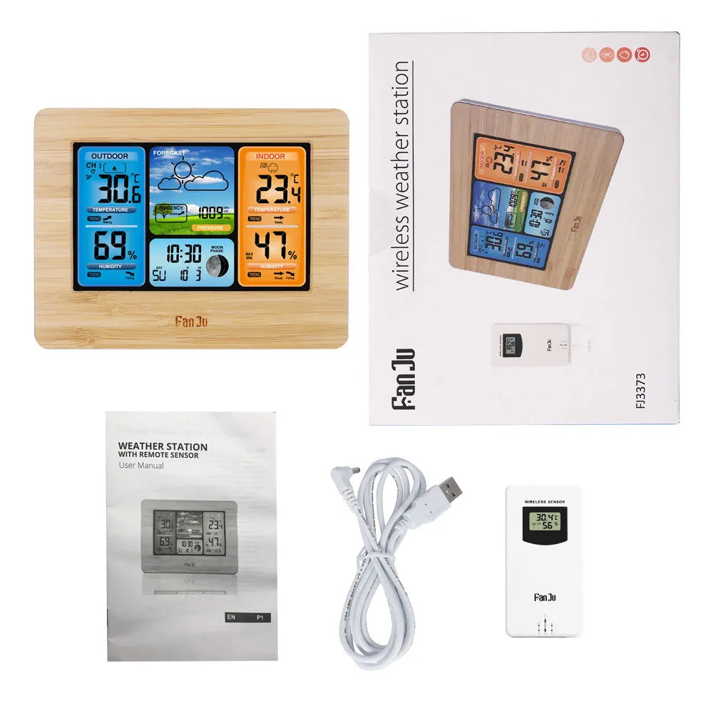 Rectangular black weather clock station with LCD display showing time, temperature, and humidity readings