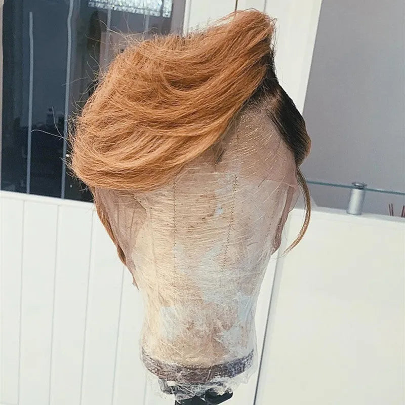 Side-mixed blonde short straight wig in high temperature silk fibre, approximately 35cm long