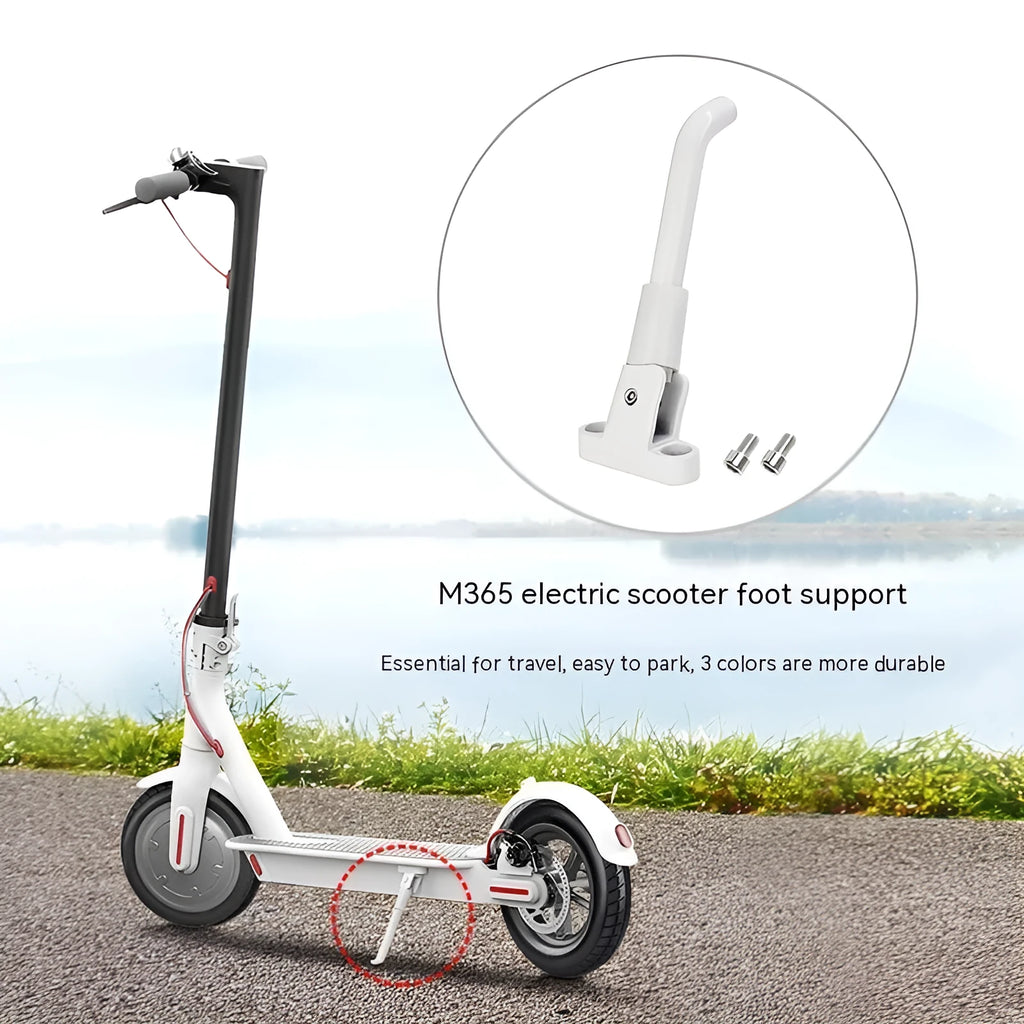 Aluminium alloy electric scooter foot brace accessory in black, white and grey colours with screws.
