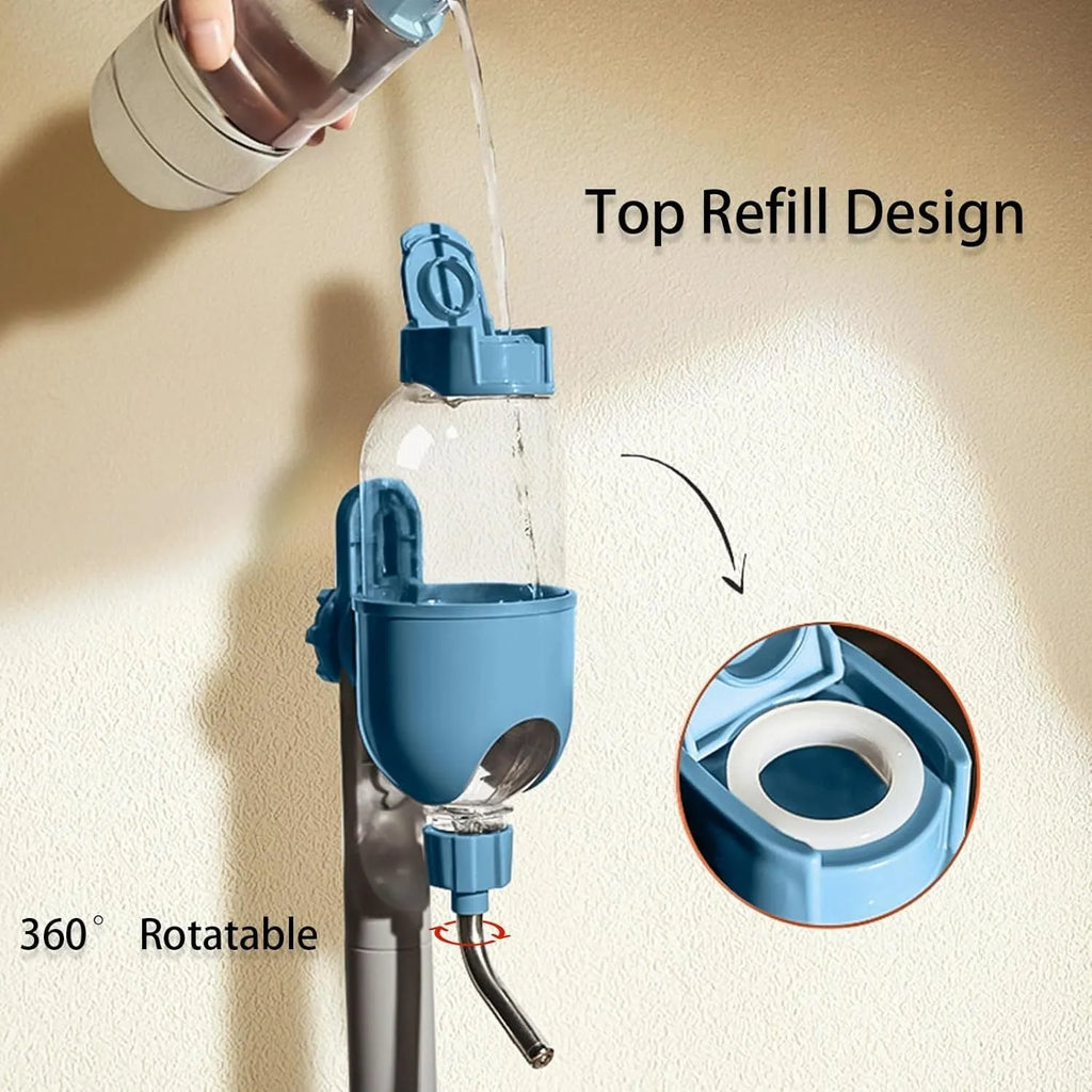 Blue small animal cage water bottle with stainless steel nozzle, shown next to a guinea pig.