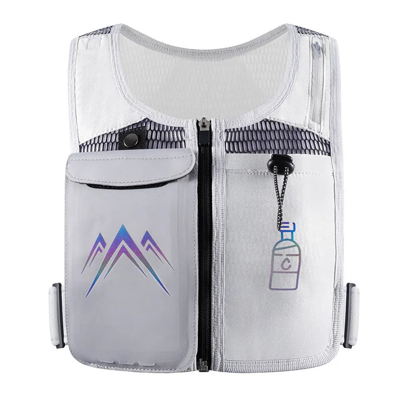 Black breathable mesh sports running vest with a front mobile phone pocket.