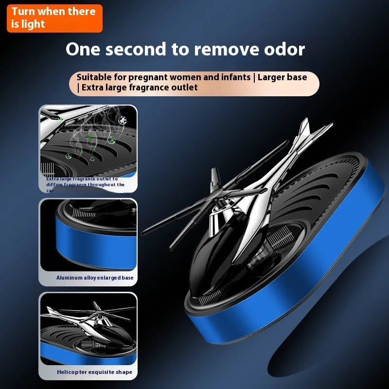 Solar car aromatherapy ornament in black, blue, silver or red plastic with environmentally friendly spice fragrant tablet for dashboard odour removal