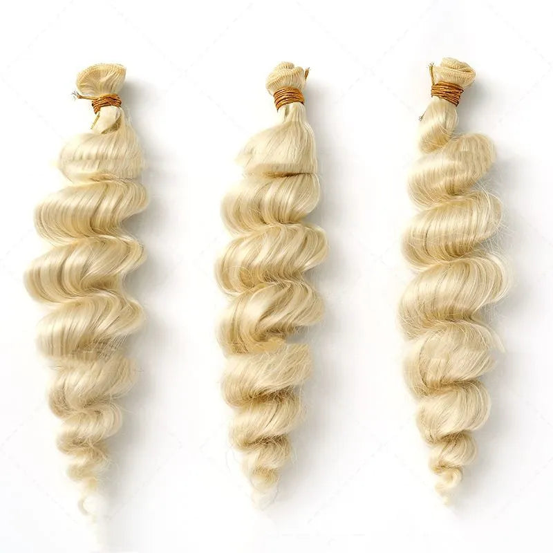 Golden blonde synthetic weft wig for women, shown in long style.