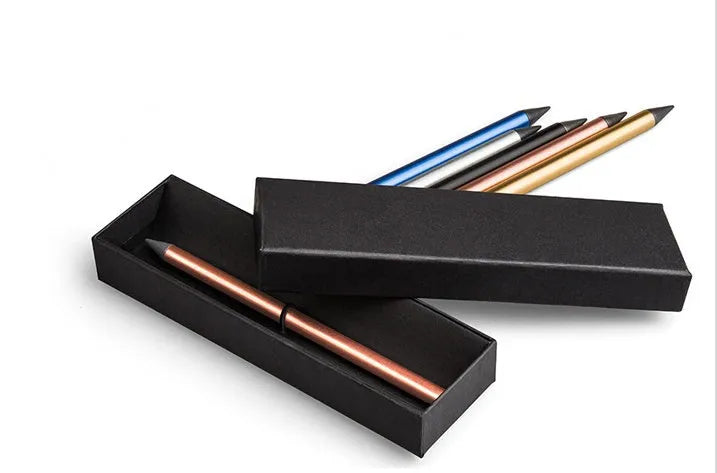 Silver Inkless Metal Pen with 0.5mm alloy nib, spare nib, and pen bag on presentation box.
