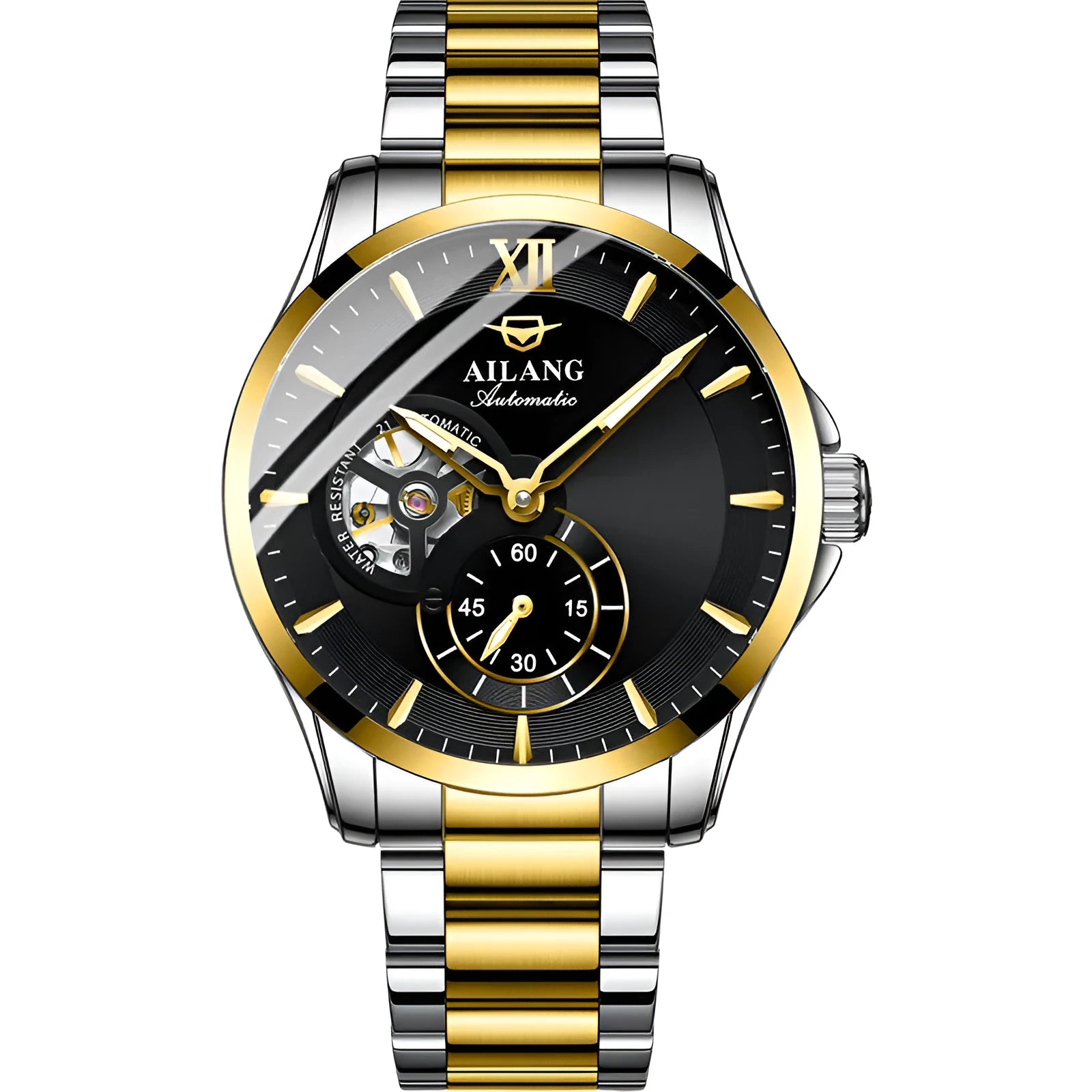 Men's mechanical skeleton watch with 41mm round dial, luminous hands, fine steel strap, and 30-metre water resistance