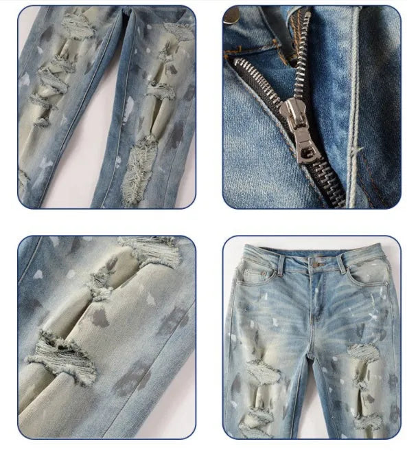 Men's patch slimming perforated leggings in light blue denim cotton, shown on model, multiple sizes available