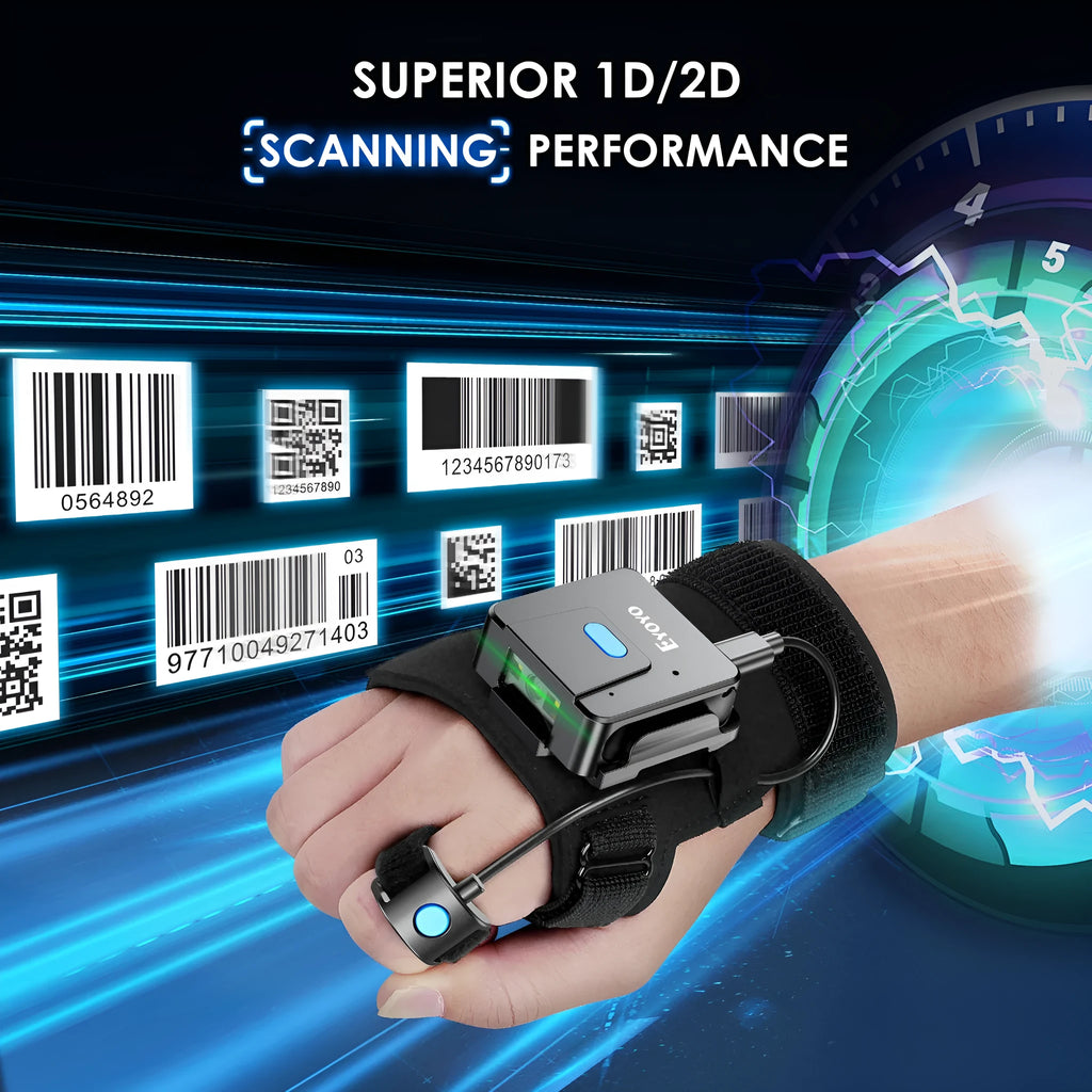 Bluetooth scanning gloves with integrated wrist-mounted barcode reader showing wireless handheld scanner design
