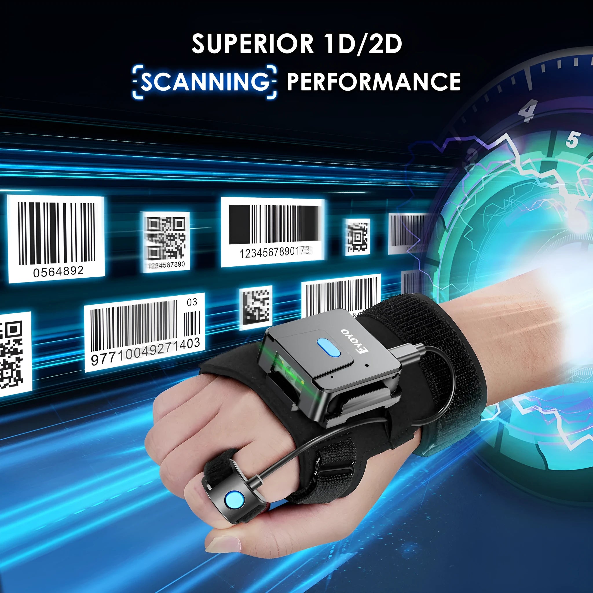 Bluetooth scanning gloves with integrated wrist-mounted barcode reader showing wireless handheld scanner design