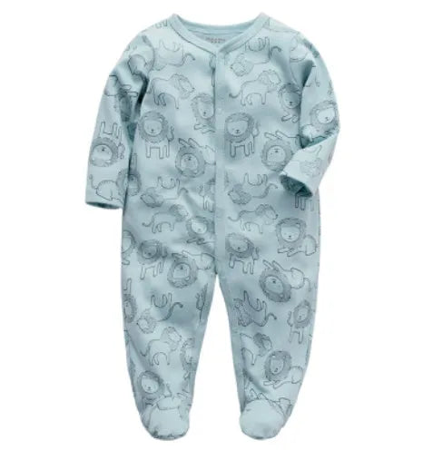 Soft cotton baby one-piece bodysuit in blue and green dinosaur print, size 6M, front view on white background