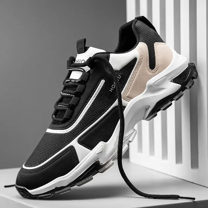 Men's breathable mesh running shoes, low-cut lace-up trainers with plastic sole, black khaki or black and blue, sizes 39-44