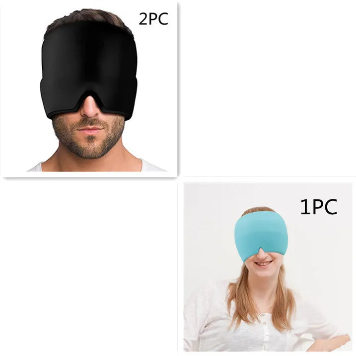 Black elastic cloth gel ice headache relief eye mask showing adjustable headband and cooling gel construction