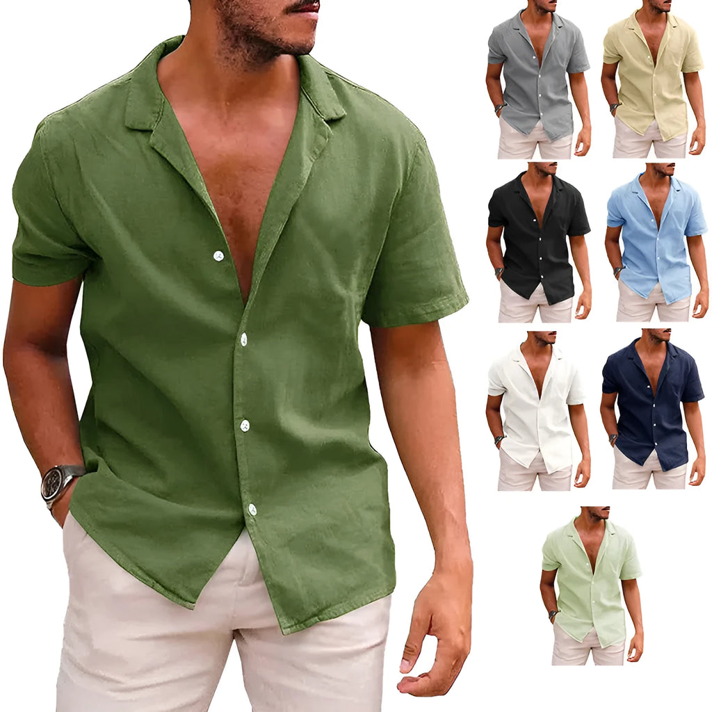 Men's short sleeve button down shirt in linen cotton blend, loose fit lapel collar, solid colour casual summer top