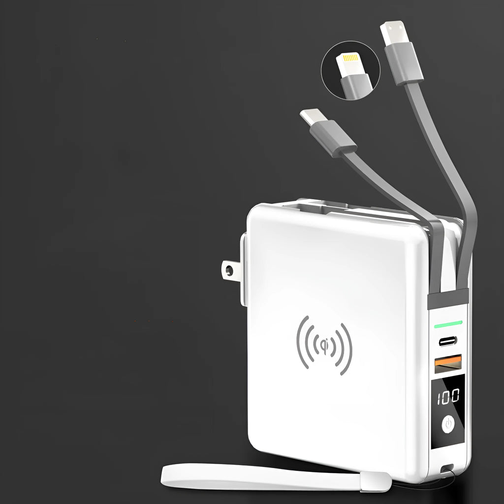 Black and white Super QI 10000mAh power bank with built-in plug and international travel adaptors set.