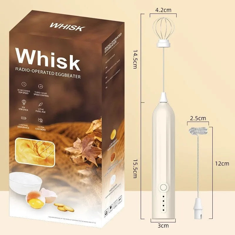 Mini handheld electric milk frother in black, white, and khaki colours with a stainless steel whisk.
