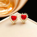 Gold-red heart and flower pendant necklace, earrings, and ring set with gemstone inlay on a titanium steel chain.