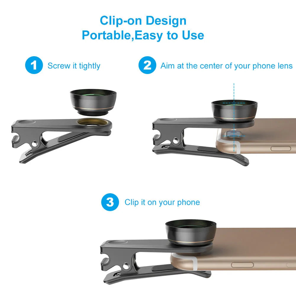 Black 6-in-1 smartphone lens kit with fisheye, macro, telephoto, CPL, and star filters next to a phone on a table.