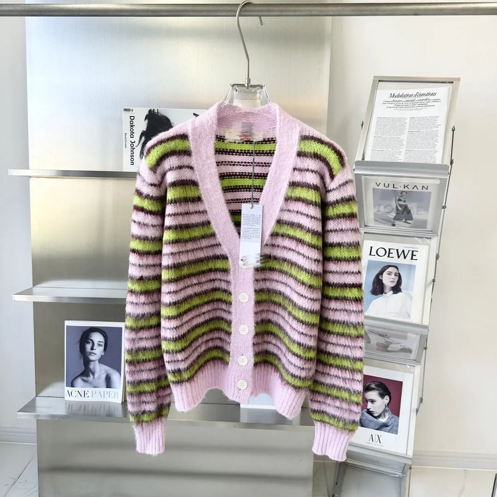 Pink wool knitted cardigan sweater with contrast colour elements and regular sleeves