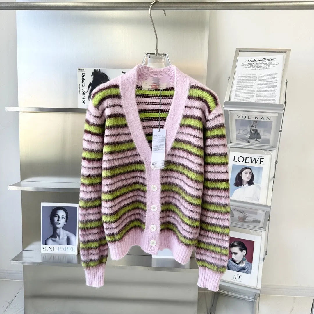 Pink wool knitted cardigan sweater with contrast colour elements and regular sleeves