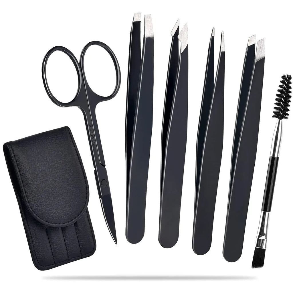 Six-piece stainless steel eyebrow tweezers set with leather case, showing four tweezers, scissors, and a brush.