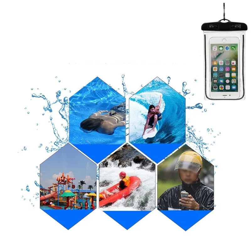 Universal waterproof phone case with luminous touch screen in eight colour options for outdoor activities
