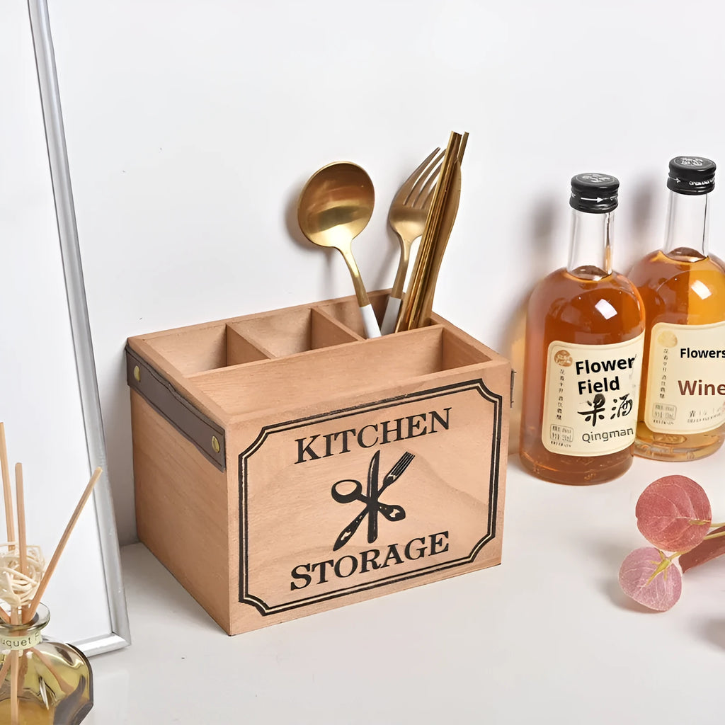 Modern solid-colour wooden kitchen storage box for knives, forks, and chopsticks with an internal grid.
