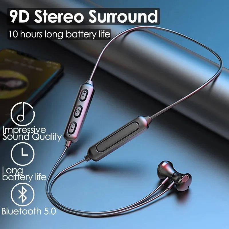 Black neck-mounted wireless sports earphones with bilateral earpieces and custom logo area.
