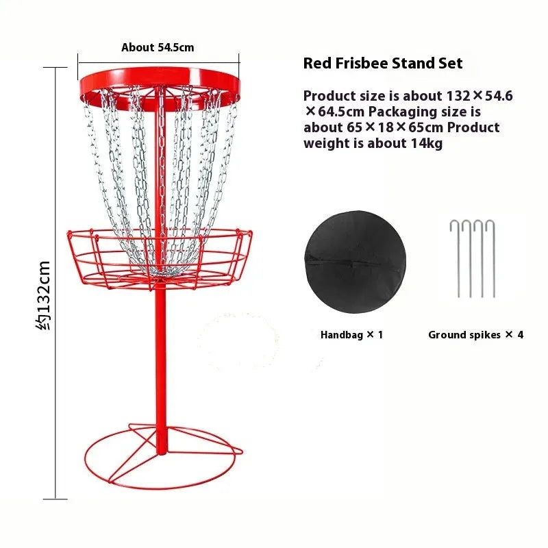 Golf chain rack blocking net with iron frame and 24 chains on grass outdoors