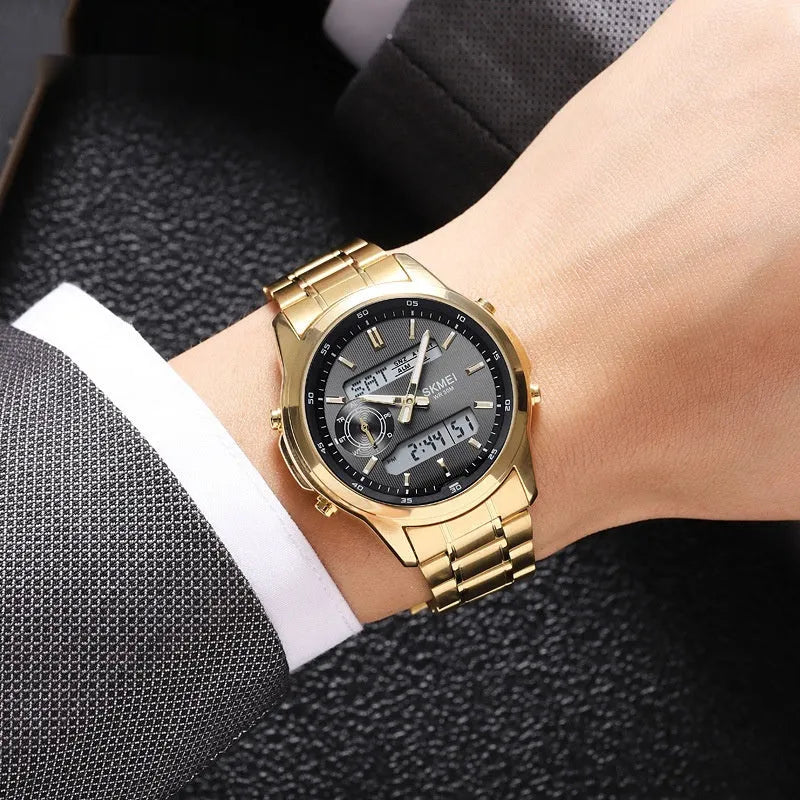 Men's steel strap watch with luminous multifunctional design, button cell battery, available in five colour finishes