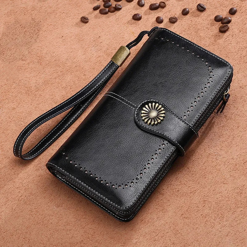 Women's long zipper leather wallet in solid colour with card, banknote and photo compartments