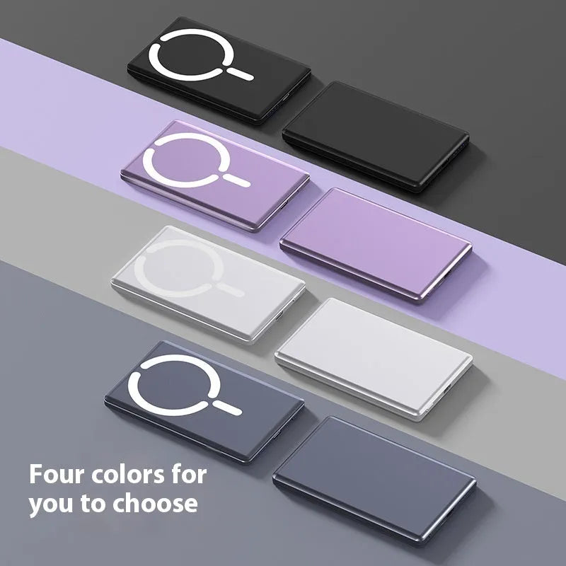 Ultra-thin 9mm magnetic power bank in alloy shell showing four colour options